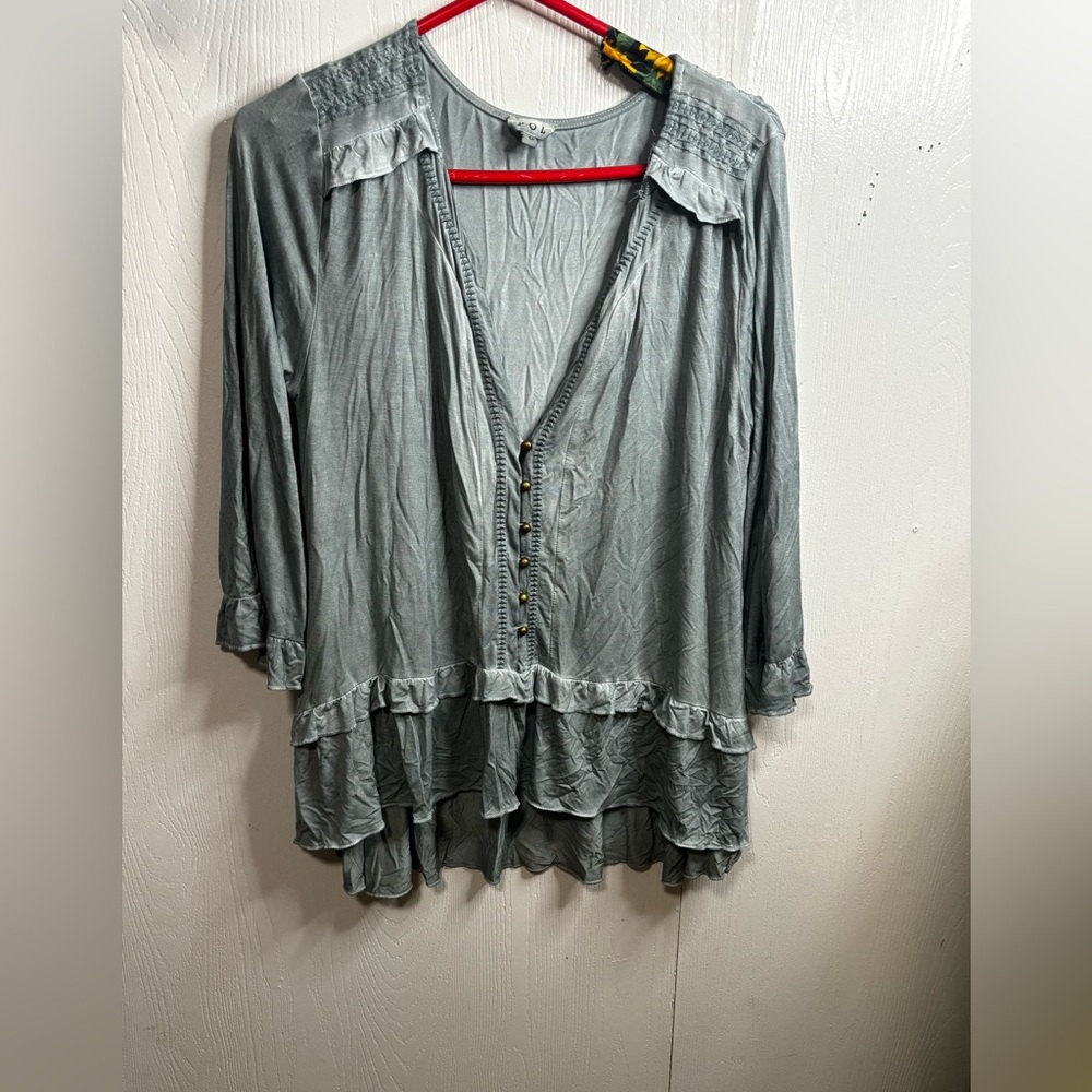 POL green mineral washed Ruffle Blouse